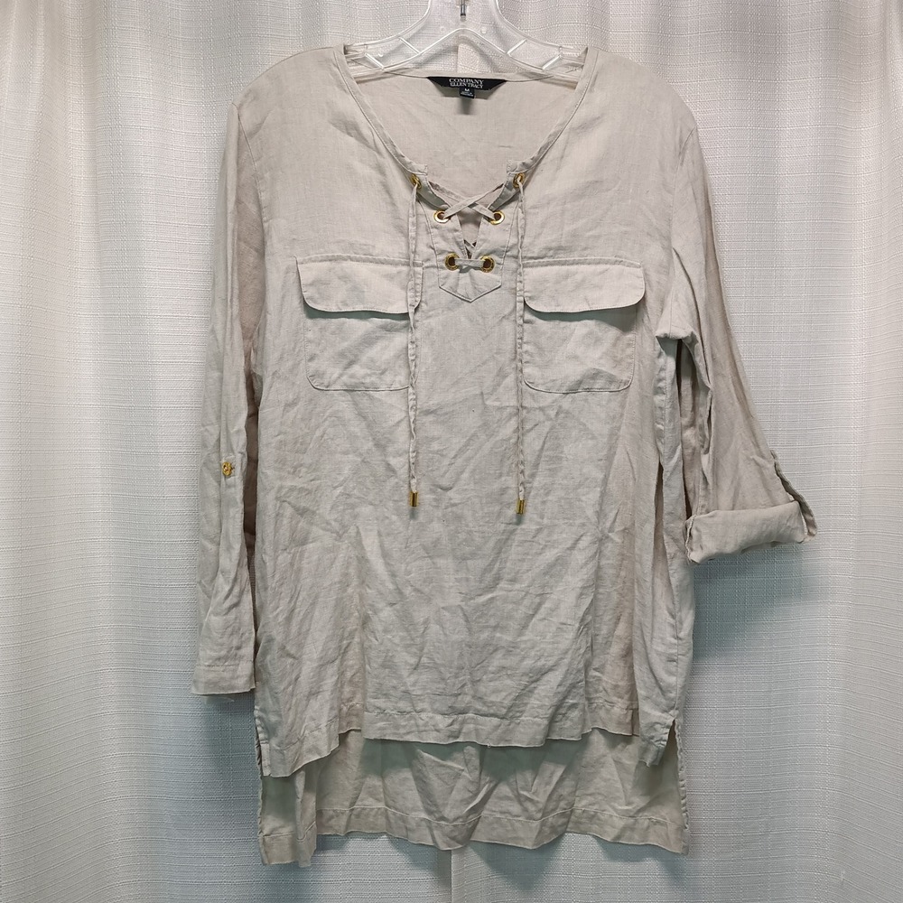 Company Ellen Tracy Linen Lace Up Tunic Top Sandstone Beige Roll Tab Medium